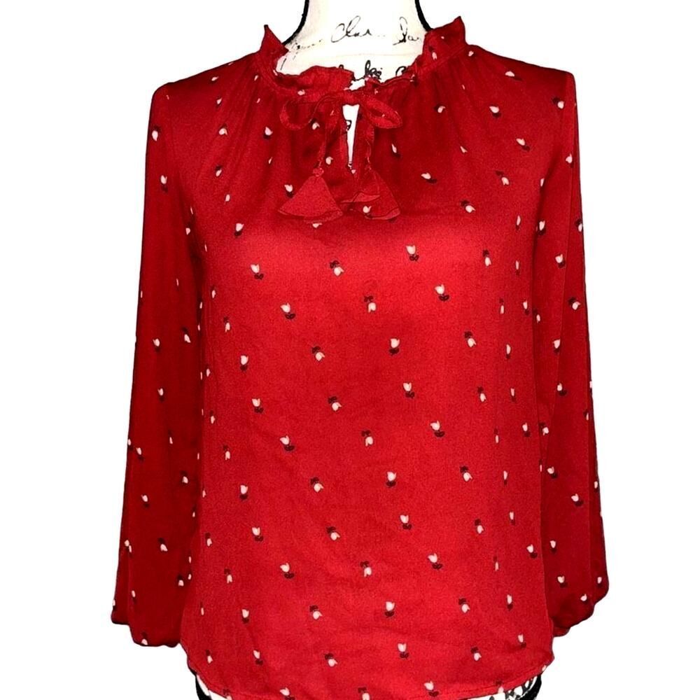LOFT Outlet Red Tulip‎ Floral Ruffle Neck Tie Front Tassel Blouse XXSP Petite